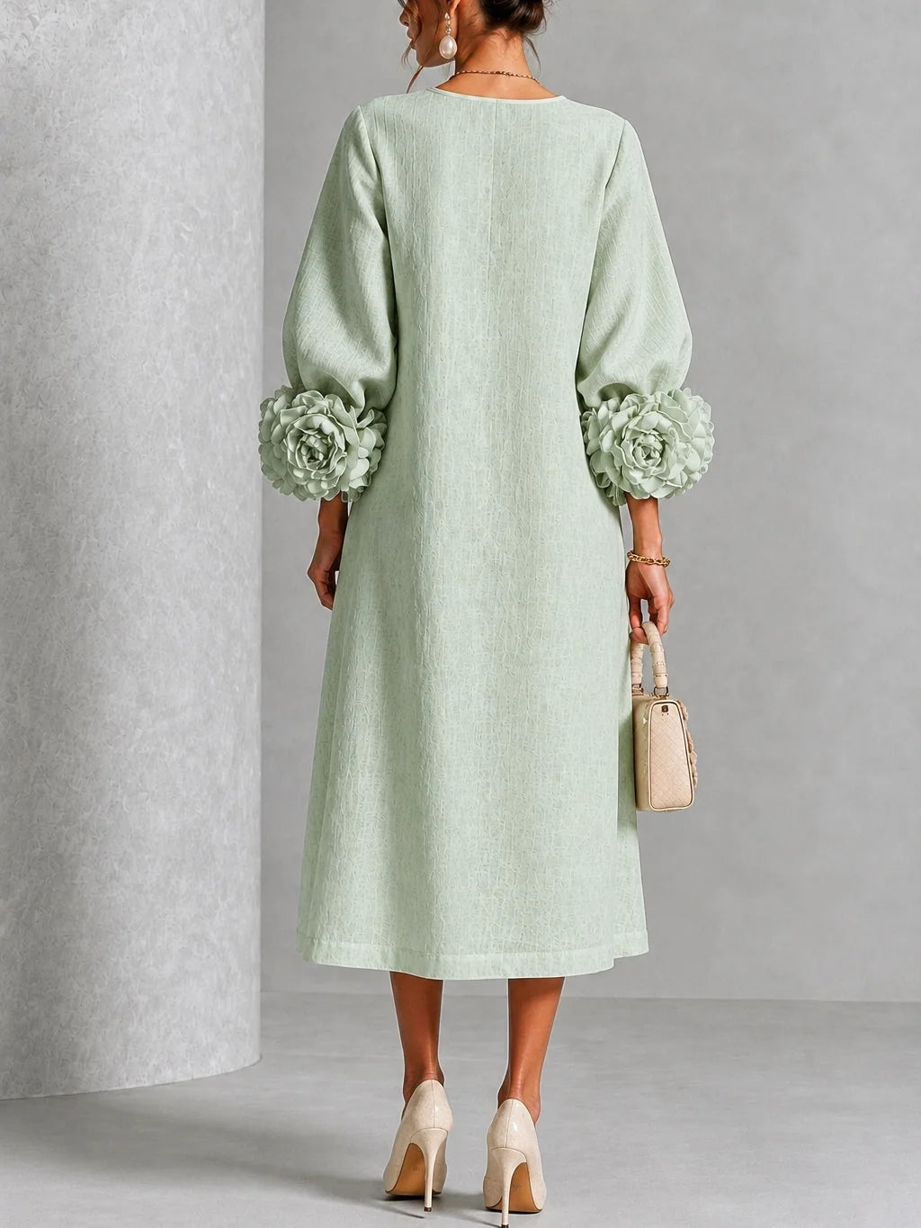 Sage Mist Women's Midi Dress with Button-Front Balloon Sleeves & Floral Cuffs - Back Full