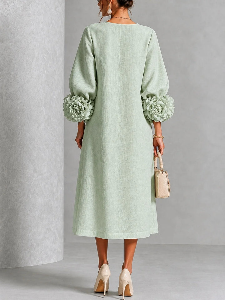Sage Mist Women's Midi Dress with Button-Front Balloon Sleeves & Floral Cuffs - Back Full