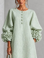 Sage Mist Women's Midi Dress with Button-Front Balloon Sleeves & Floral Cuffs - Close Up Neckline