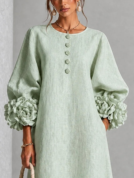 Sage Mist Women's Midi Dress with Button-Front Balloon Sleeves & Floral Cuffs - Close Up Neckline