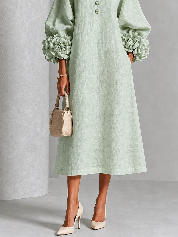 Sage Mist Women's Midi Dress with Button-Front Balloon Sleeves & Floral Cuffs - Close Up Sleeve Detail