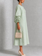Sage Mist Women's Midi Dress with Button-Front Balloon Sleeves & Floral Cuffs - Side Pose