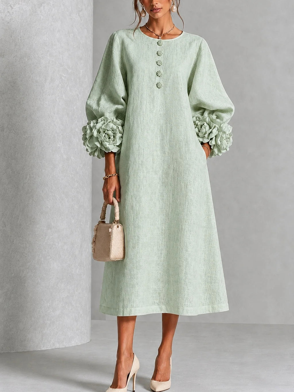 Sage Mist Women's Midi Dress with Button-Front Balloon Sleeves & Floral Cuffs