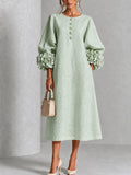 Women's Midi Dress with Button-Front Balloon Sleeves & Floral Cuffs — Dot