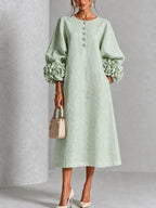Sage Mist Women's Midi Dress with Button-Front Balloon Sleeves & Floral Cuffs