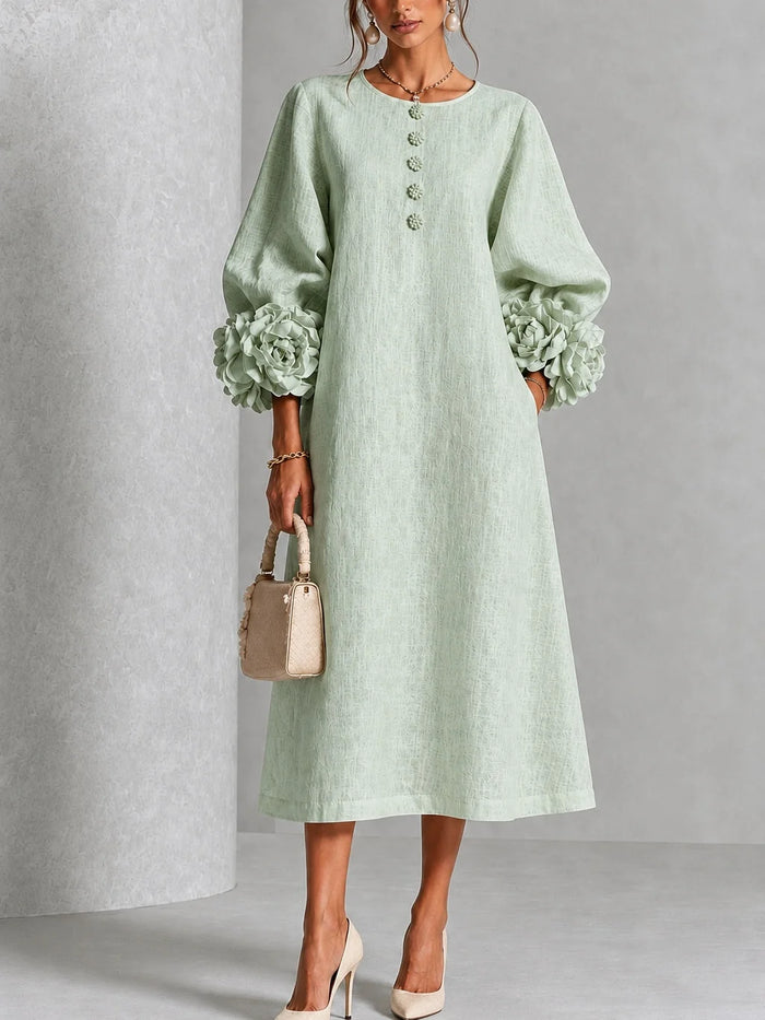 Sage Mist Women's Midi Dress with Button-Front Balloon Sleeves & Floral Cuffs