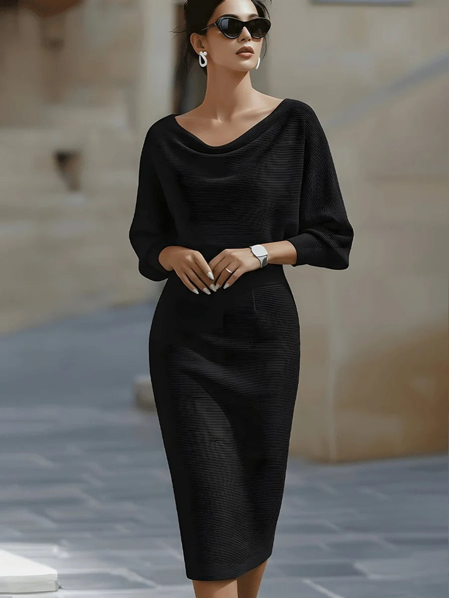 Black Women's Batwing Midi Dress with Cowl Neck & Relaxed Sleeves - Front Full