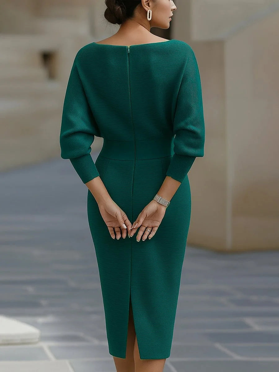 Women's Batwing Midi Dress with Cowl Neck & Relaxed Sleeves - Green Back Detail