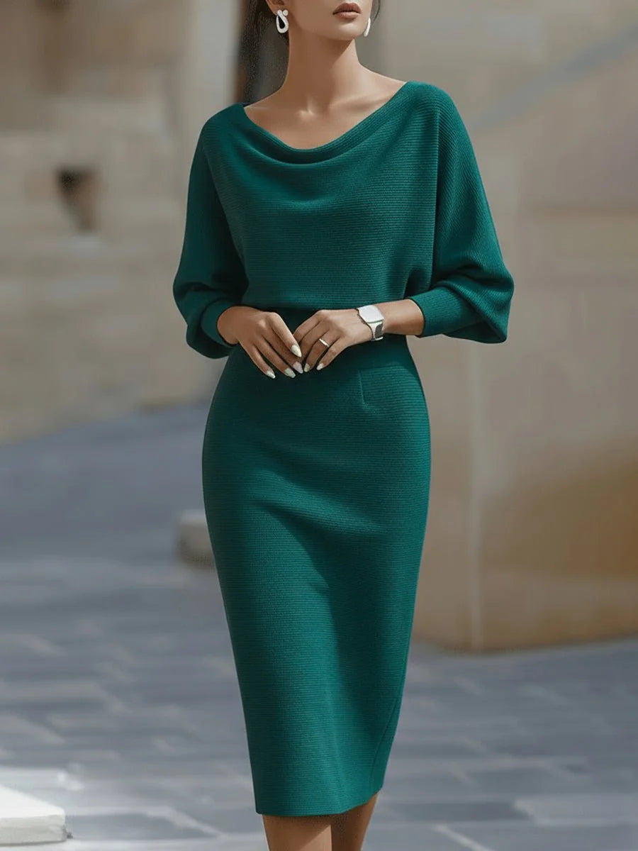 Blue Green Women's Batwing Midi Dress with Cowl Neck & Relaxed Sleeves - Front Pose