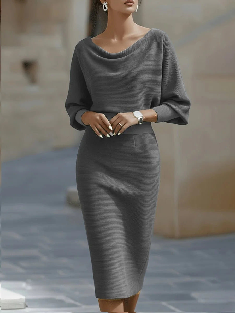 Women's Batwing Midi Dress with Cowl Neck & Relaxed Sleeves - Front Pose