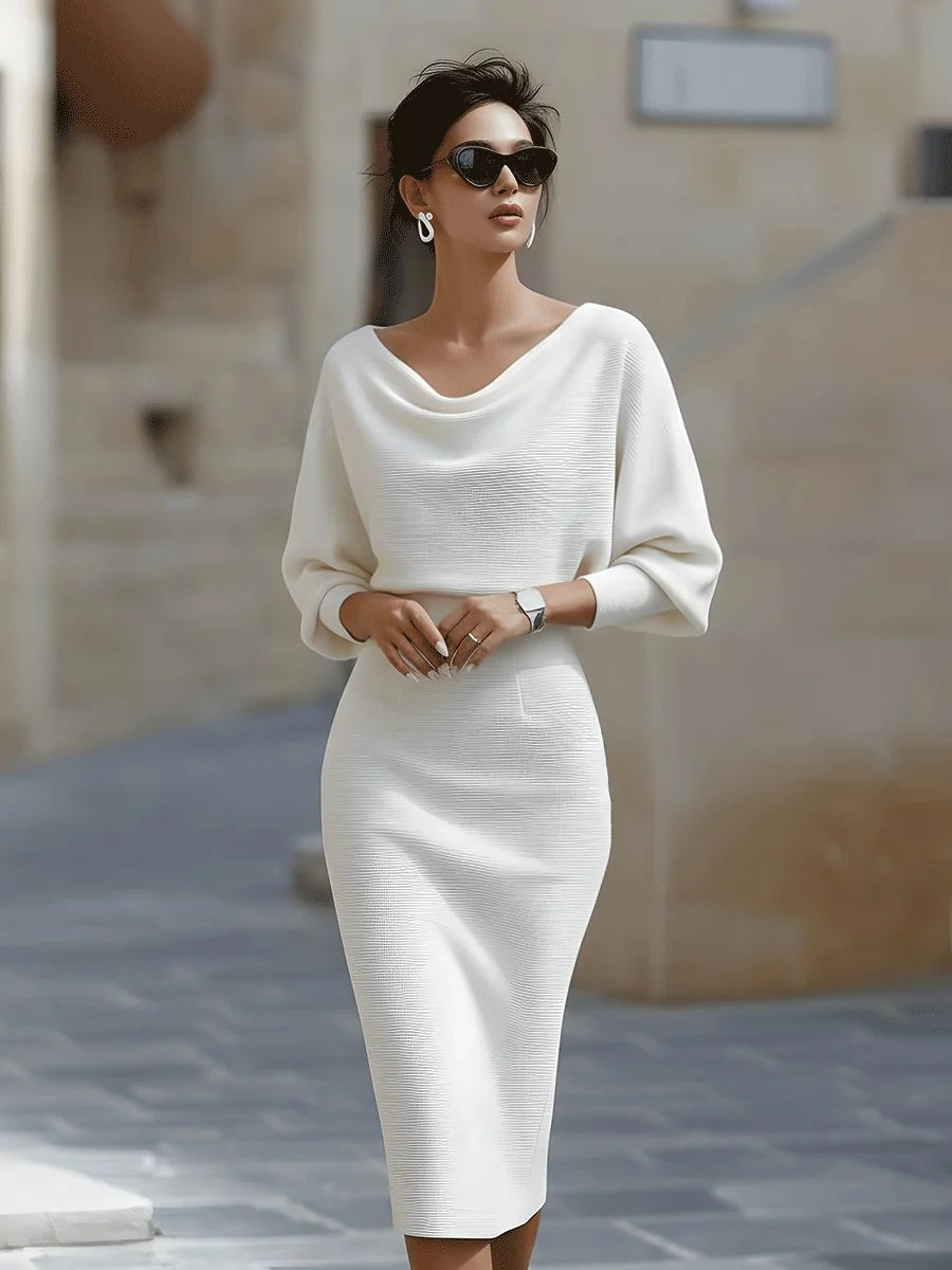 White Women's Batwing Midi Dress with Cowl Neck & Relaxed Sleeves - Front Full