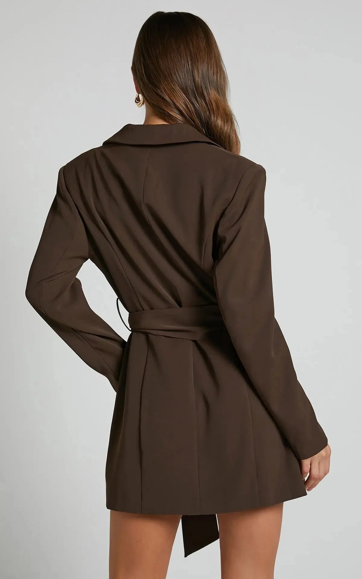 Brown Women's Belted Blazer Dress with Double-Breasted Front & Tie Waist - Back Full