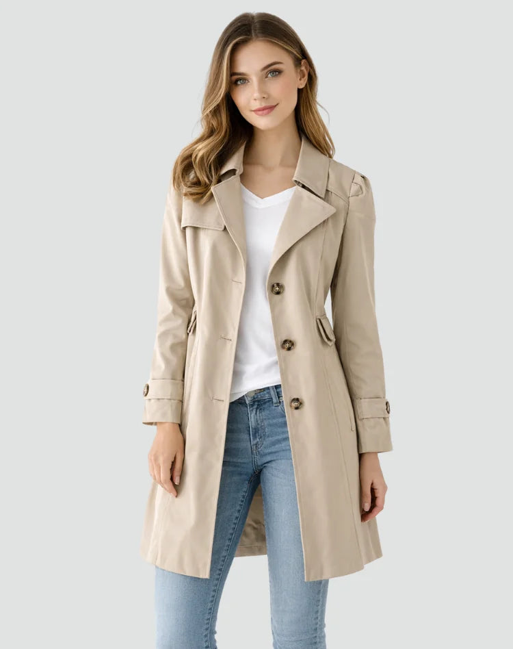 Beige Women's Tailored Belted Trench Coat with Notched Lapel — Maddison - Studio Front