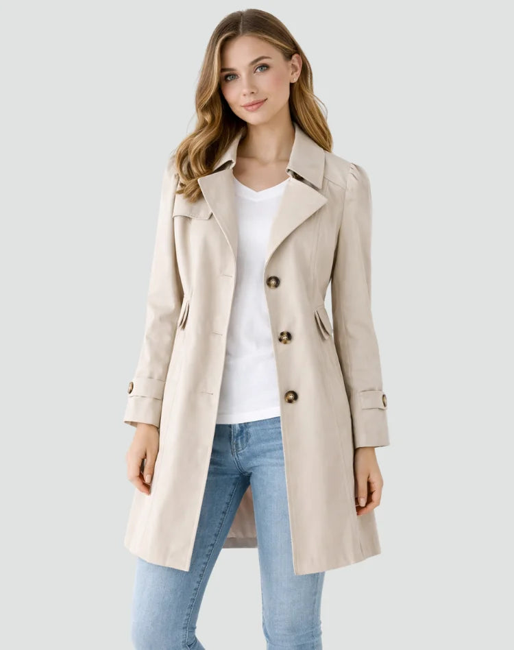 Beige Women's Tailored Belted Trench Coat with Notched Lapel — Maddison