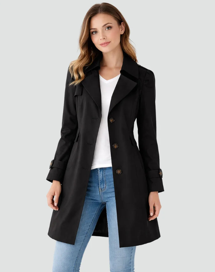 Black Women's Tailored Belted Trench Coat with Notched Lapel — Maddison