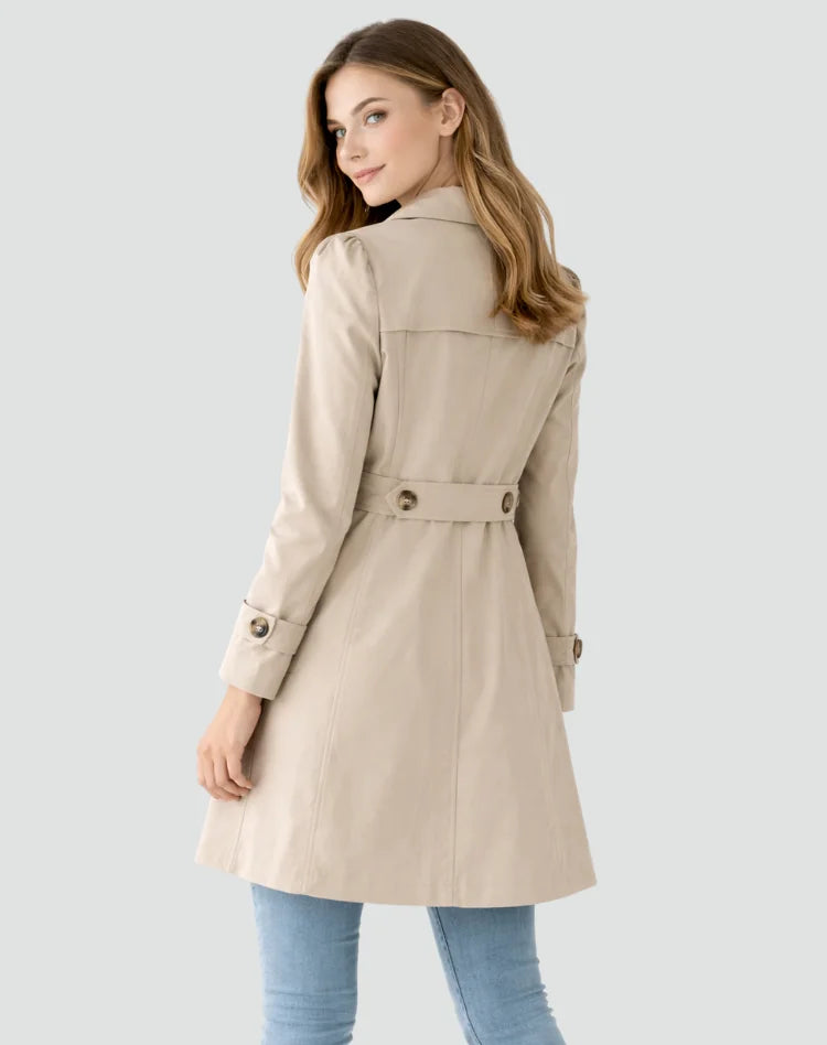 Khaki Women's Tailored Belted Trench Coat with Notched Lapel — Maddison - Back Detail