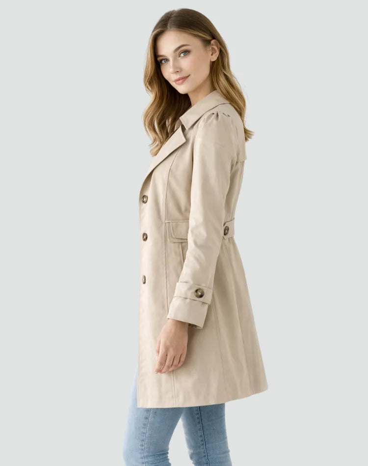 Khaki Women's Tailored Belted Trench Coat with Notched Lapel — Maddison - Side Pose