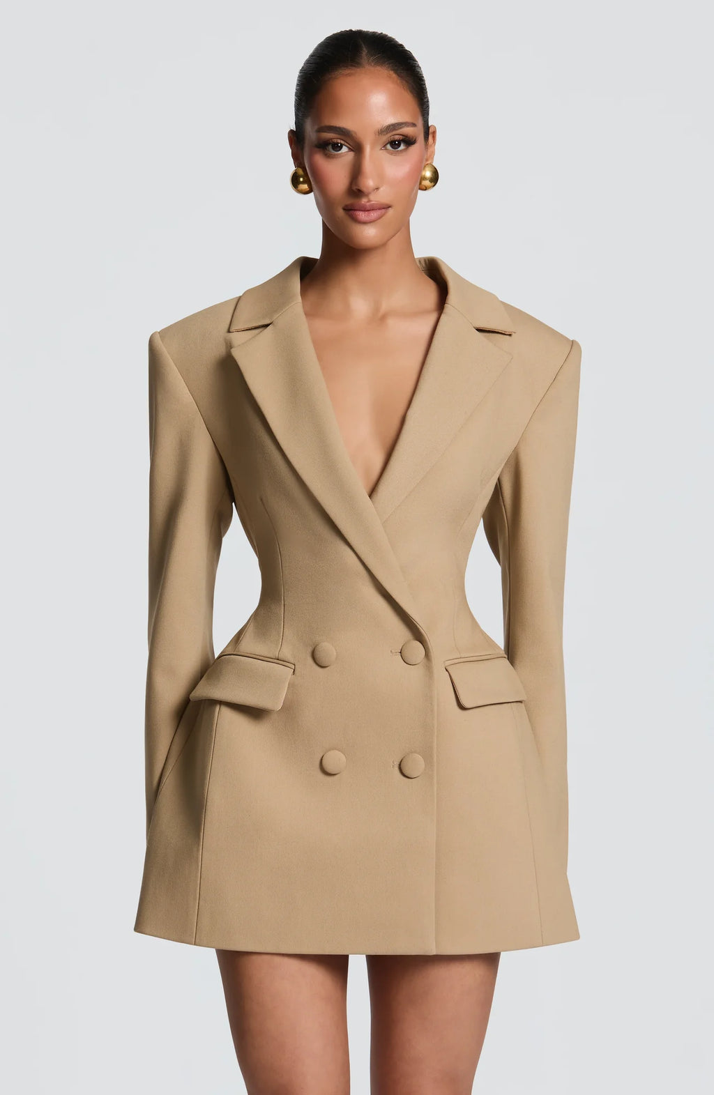 Sand Women's Double-Breasted Blazer Mini Dress with Tailored Fit & Adjustable Waistband - Front Close