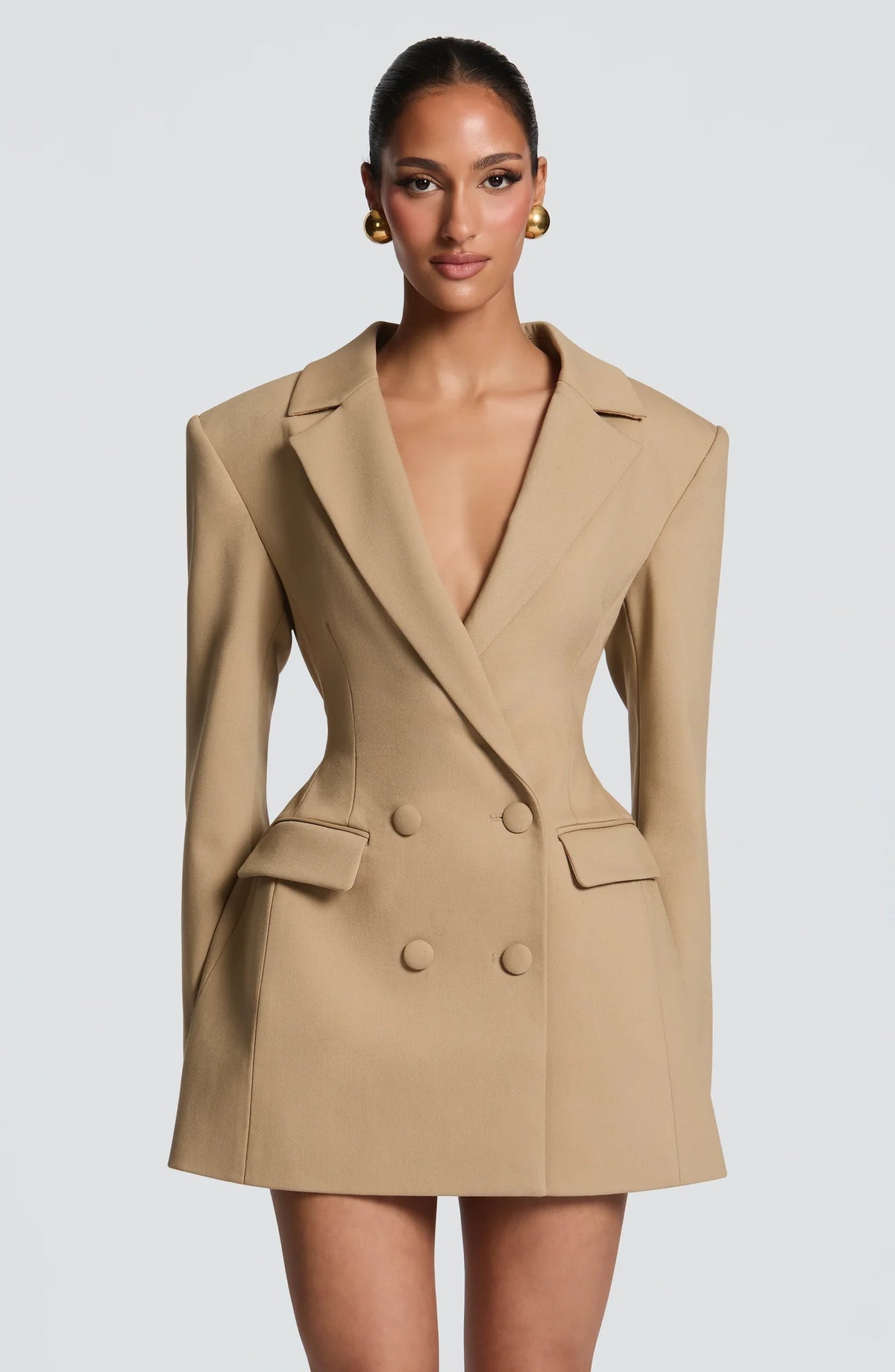 Sand Women's Double-Breasted Blazer Mini Dress with Tailored Fit & Adjustable Waistband - Front Close
