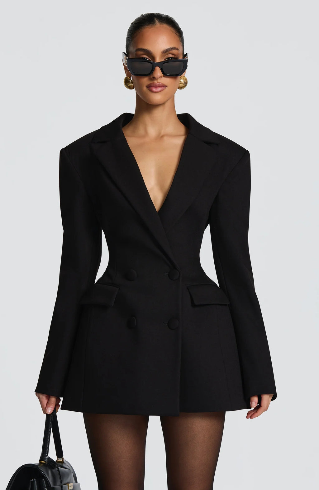 Women's Double-Breasted Blazer Mini Dress with Tailored Fit & Adjustable Waistband - Close Up Front Sunglasses