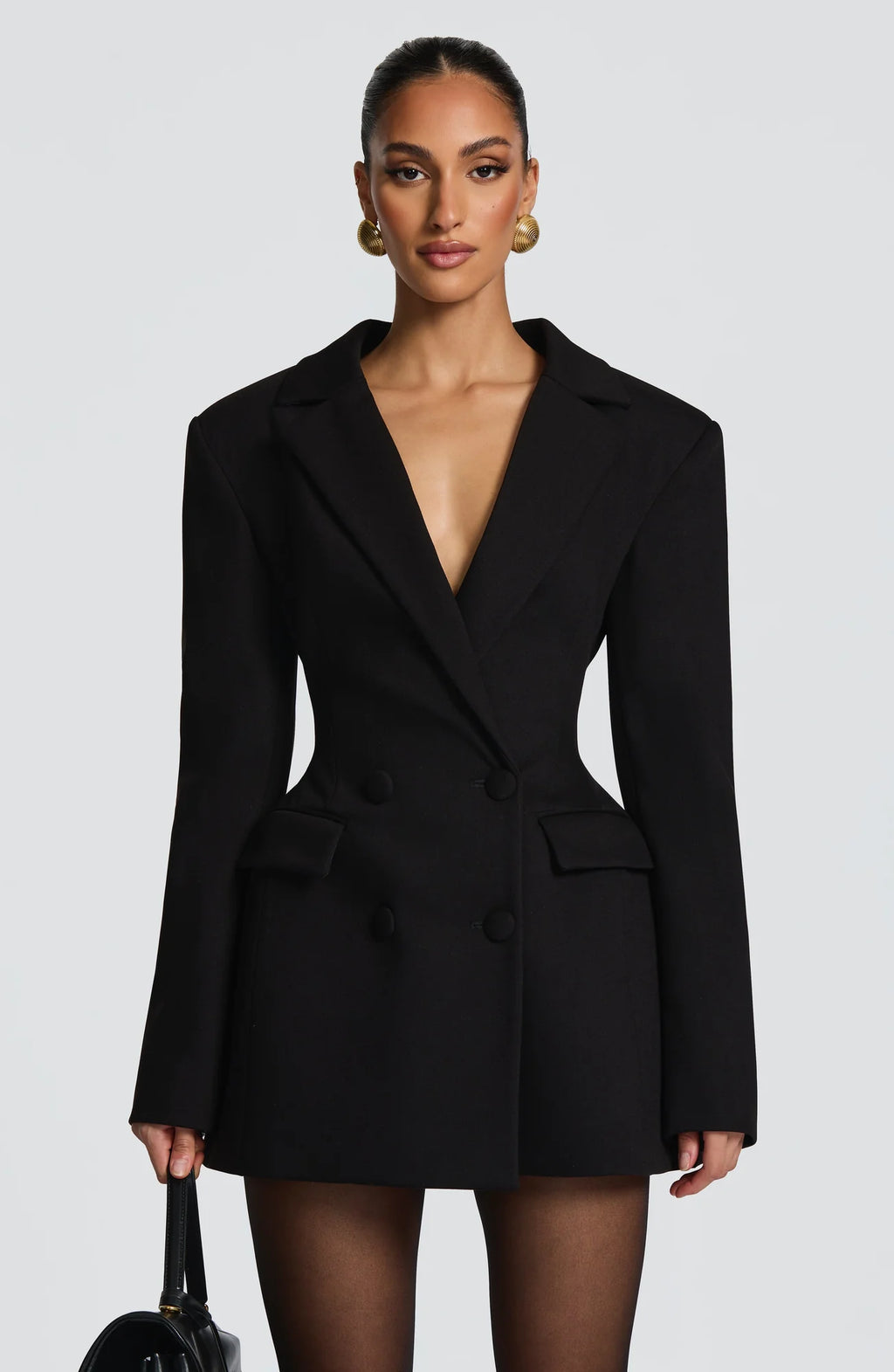 Black Women's Double-Breasted Blazer Mini Dress with Tailored Fit & Adjustable Waistband - Close Up Torso
