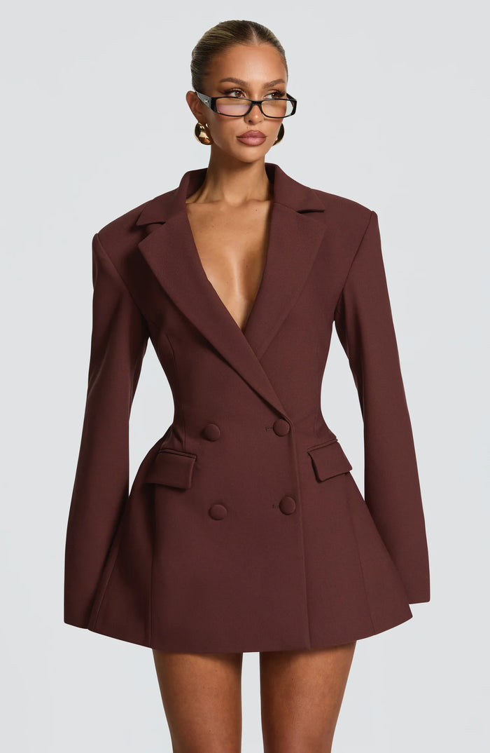Brown Women's Double-Breasted Blazer Mini Dress with Tailored Fit & Adjustable Waistband - Front Close Portrait