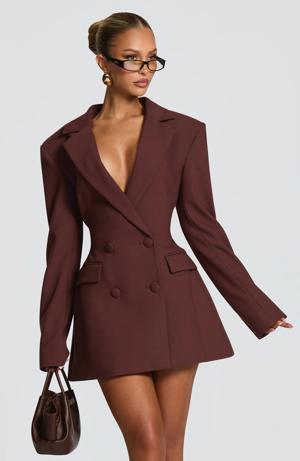 Women's Double-Breasted Blazer Mini Dress with Tailored Fit & Adjustable Waistband - Front Pose Handbag