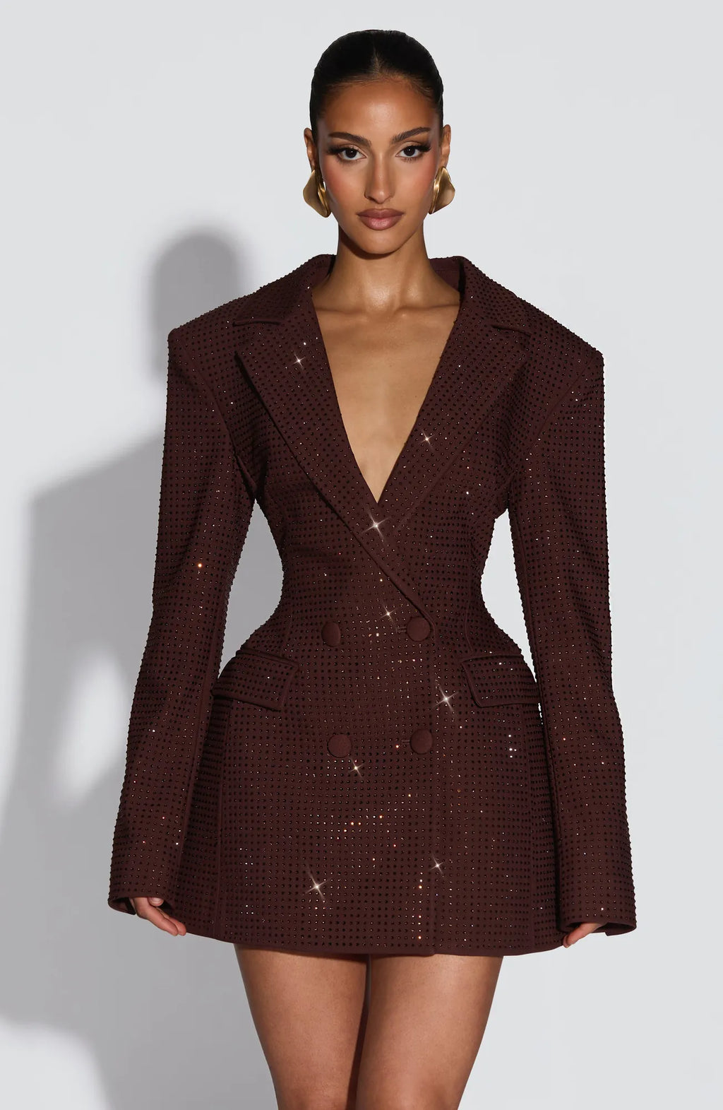 Brown Glitter Women's Double-Breasted Blazer Mini Dress with Tailored Fit & Adjustable Waistband - Front Close