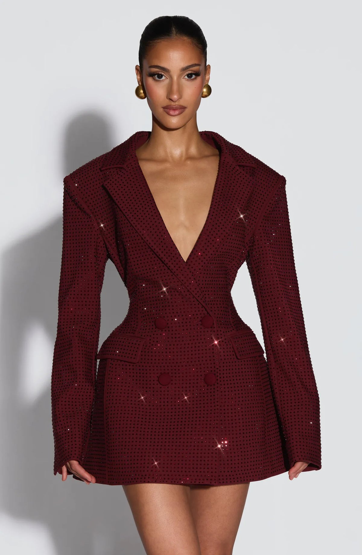 Burgundy Glitter Women's Double-Breasted Blazer Mini Dress with Tailored Fit & Adjustable Waistband - Front Close