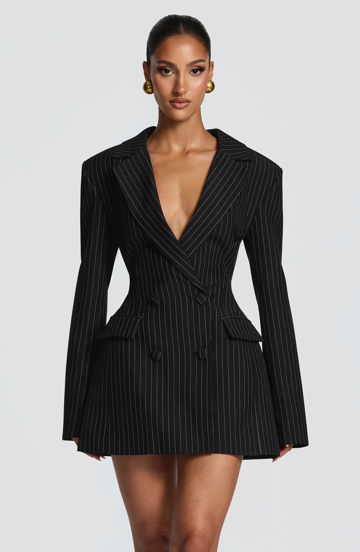 Black Pinstripe Women's Double-Breasted Blazer Mini Dress with Tailored Fit & Adjustable Waistband