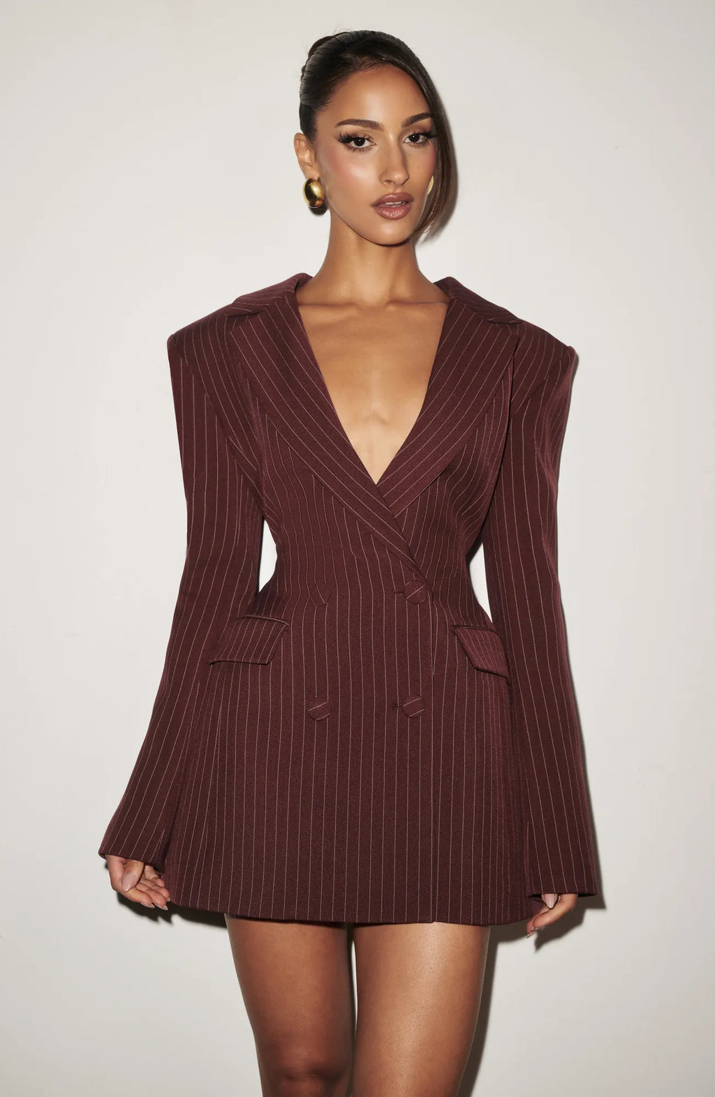 Burgundy Pinstripe Women's Double-Breasted Blazer Mini Dress with Tailored Fit & Adjustable Waistband