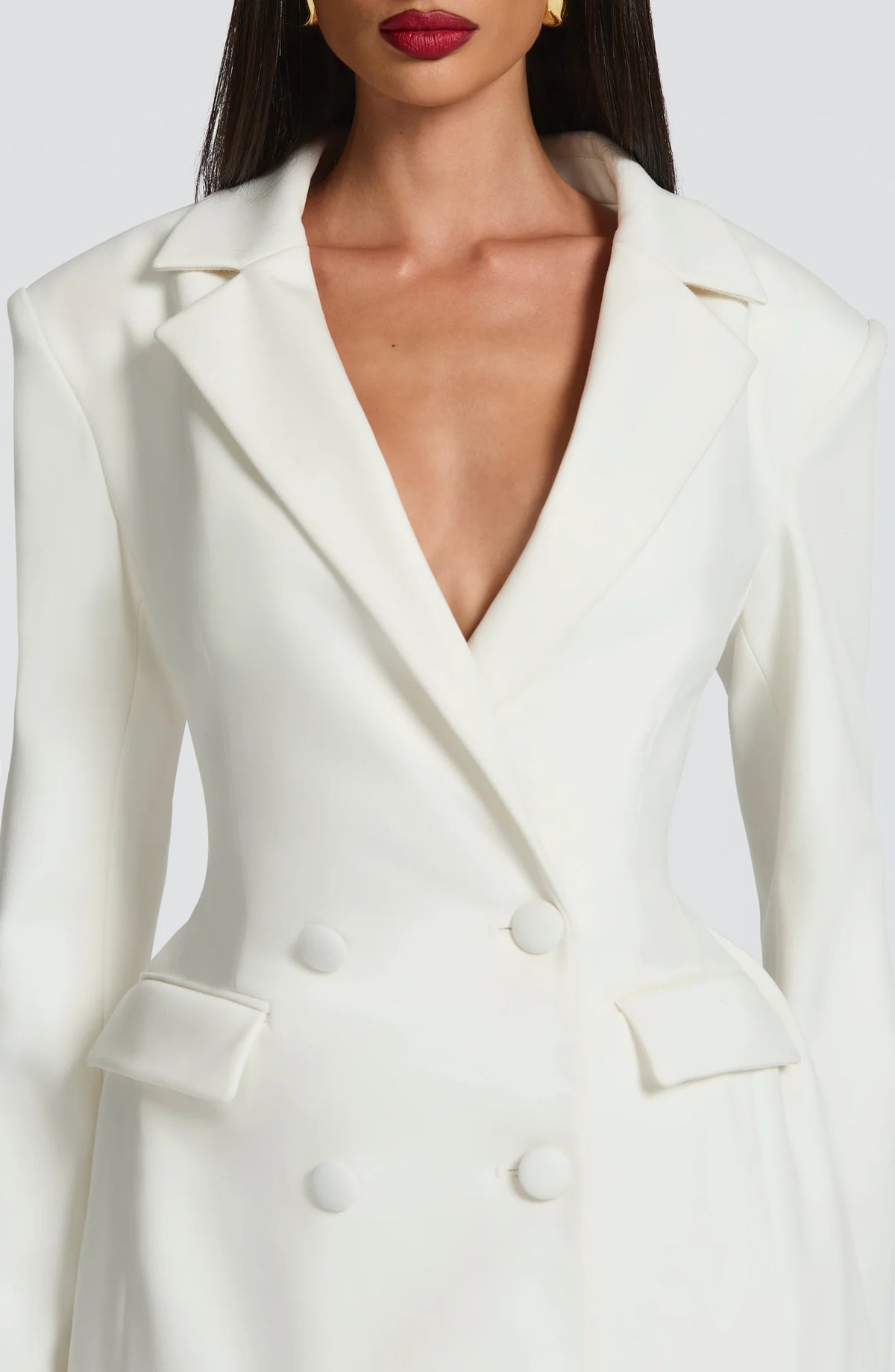 Women's Double-Breasted Blazer Mini Dress with Tailored Fit & Adjustable Waistband - Close Up Neckline