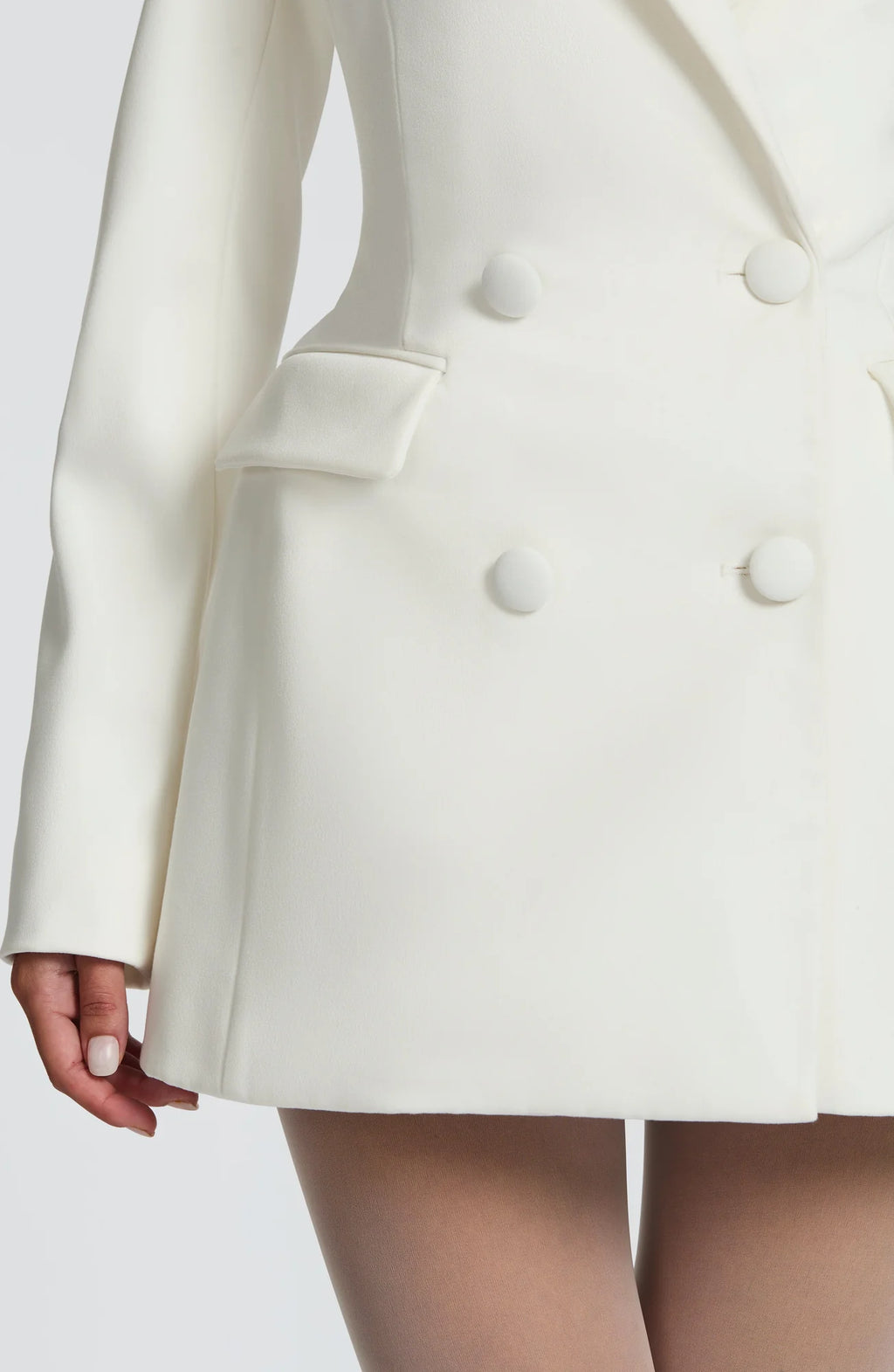 Women's Double-Breasted Blazer Mini Dress with Tailored Fit & Adjustable Waistband - Close Up Waist