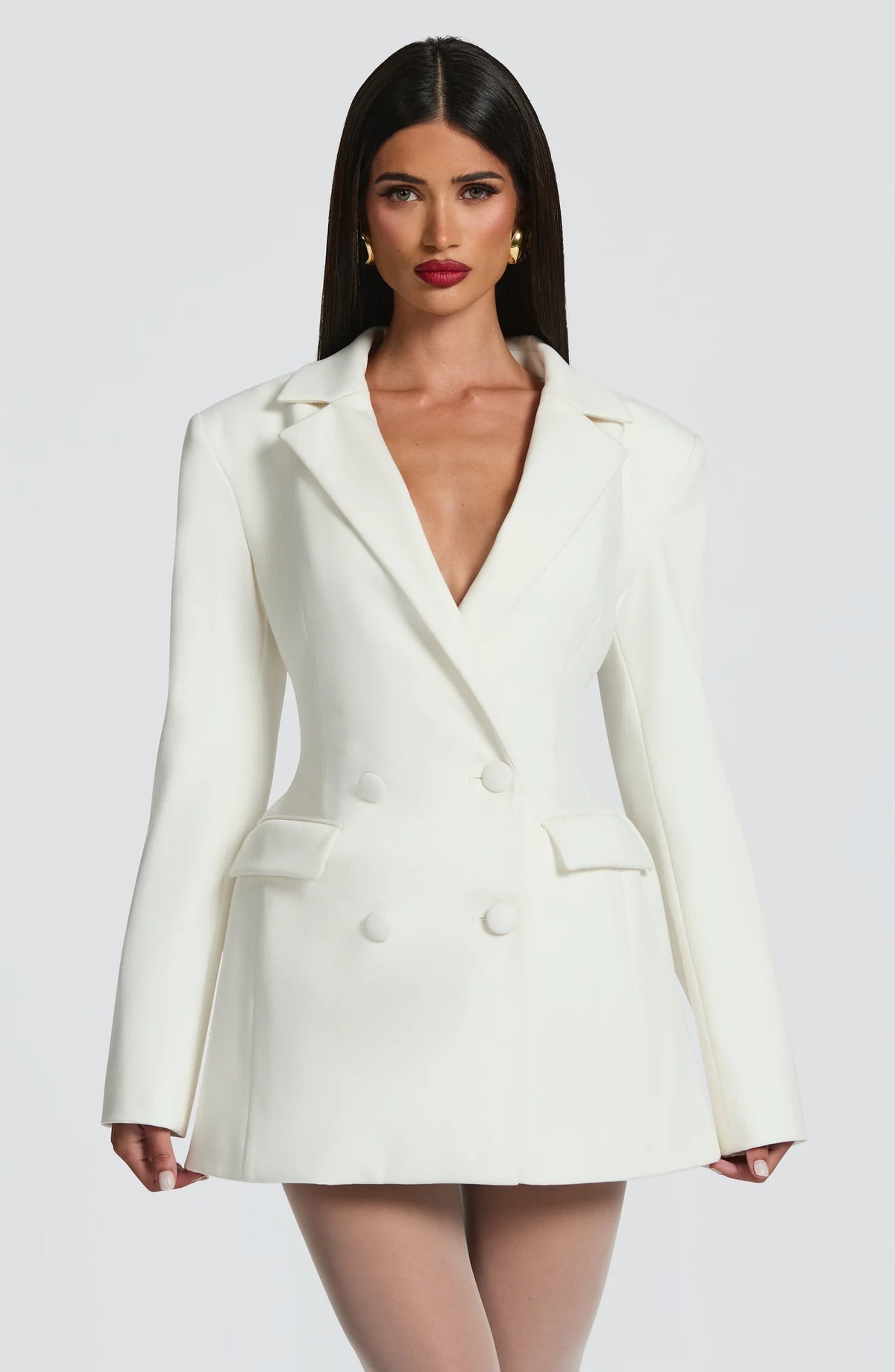White Women's Double-Breasted Blazer Mini Dress with Tailored Fit & Adjustable Waistband - Front Close