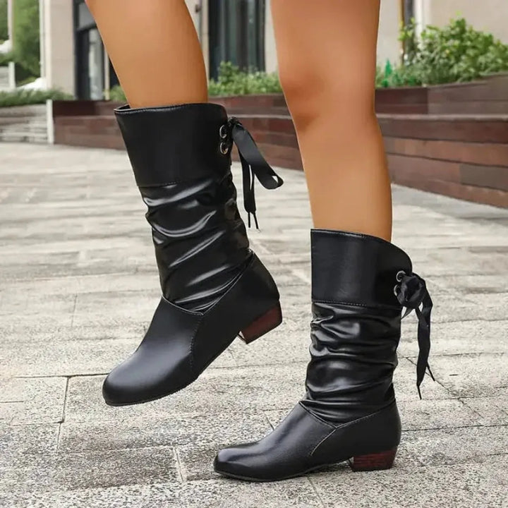 Black Women's Block Heel Boots with Lace-Up Slouchy Mid-Calf Design — Winnie - Walking Motion