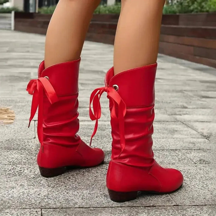 Red Women's Block Heel Boots with Lace-Up Slouchy Mid-Calf Design — Winnie - Back View