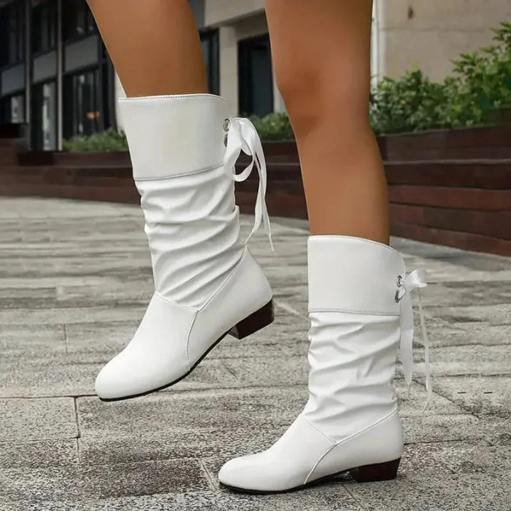 White Women's Block Heel Boots with Lace-Up Slouchy Mid-Calf Design — Winnie - Front Tiptoe