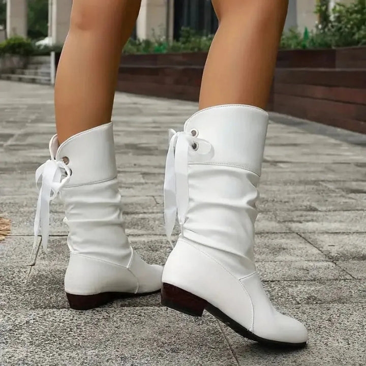 White Women's Block Heel Boots with Lace-Up Slouchy Mid-Calf Design - Walking Forward