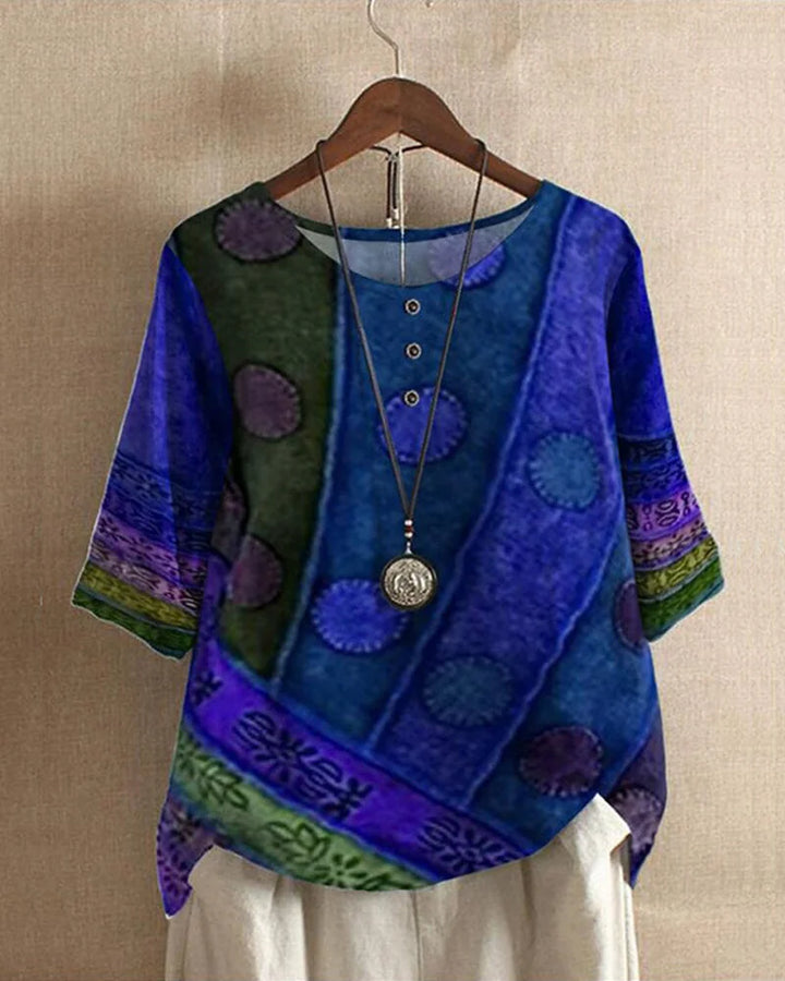 Blue Women's Boho Tunic Top with Patchwork Print & Relaxed Fit