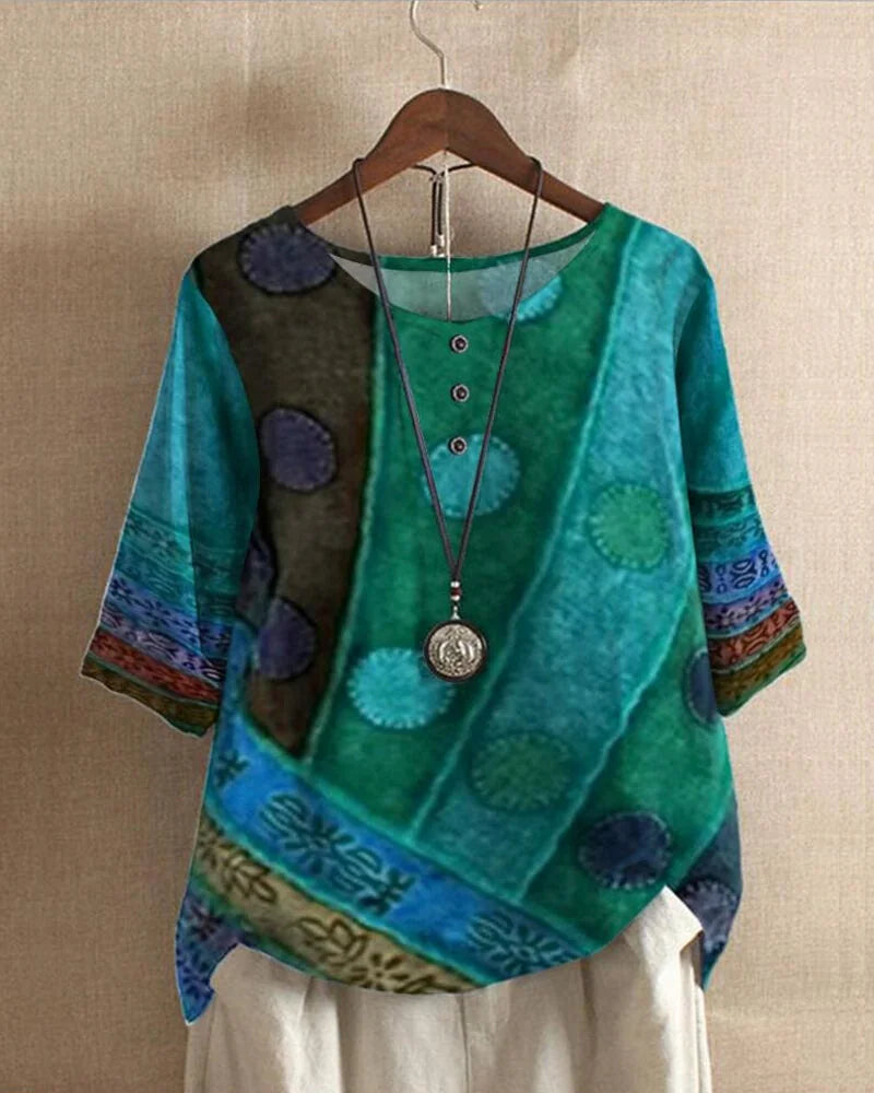 Green Women's Boho Tunic Top with Patchwork Print & Relaxed Fit