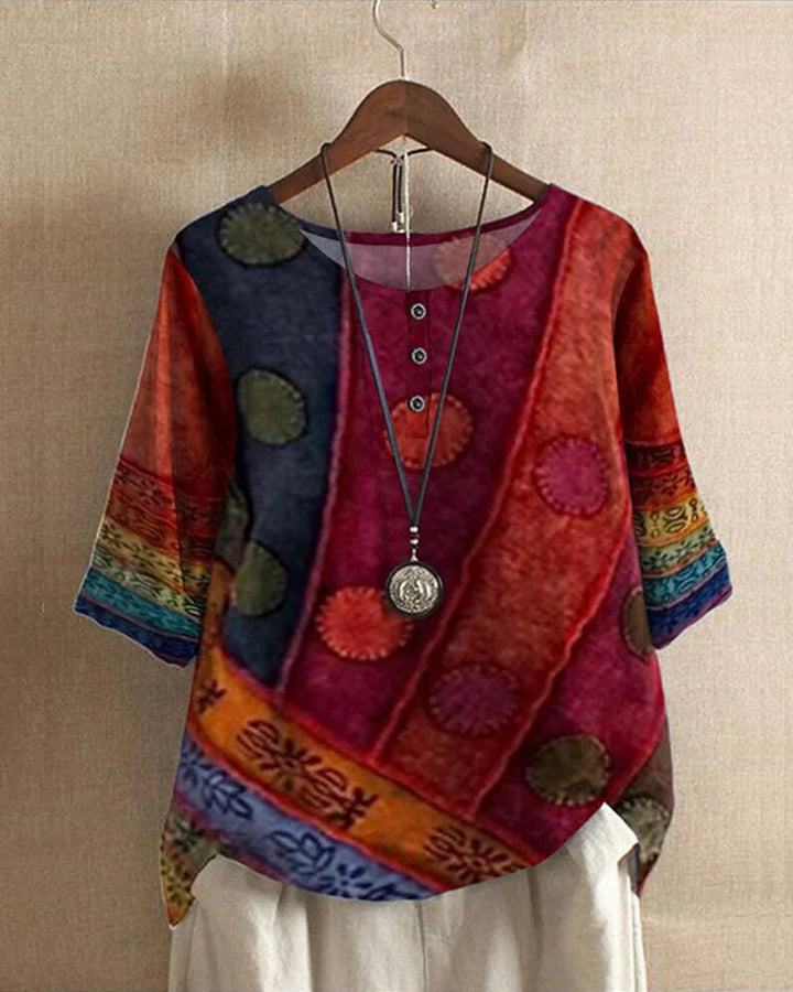 Red Women's Boho Tunic Top with Patchwork Print & Relaxed Fit