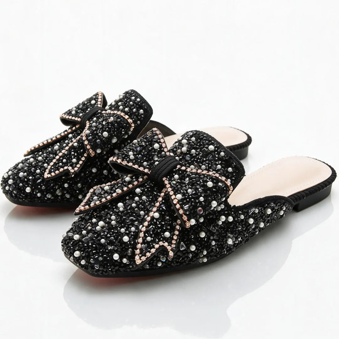 Black Women's Bow Mules with Slip-On Design & Pointed Toe