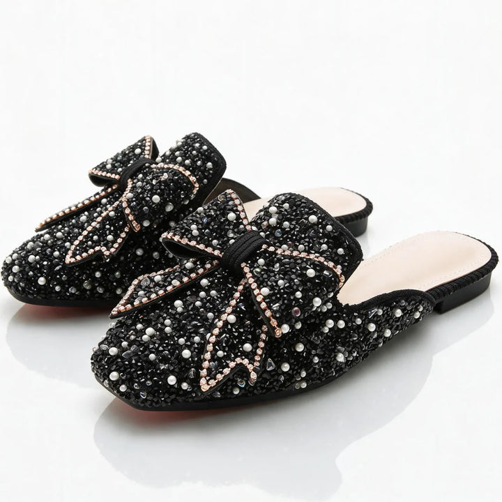 Black Women's Bow Mules with Slip-On Design & Pointed Toe