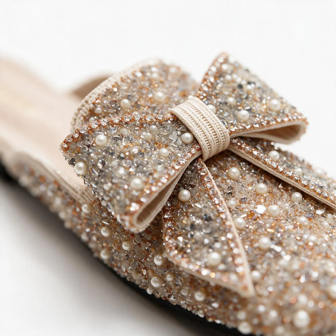 Champagne Women's Bow Mules with Slip-On Design & Pointed Toe — Maddie - Close Up Bow Detail