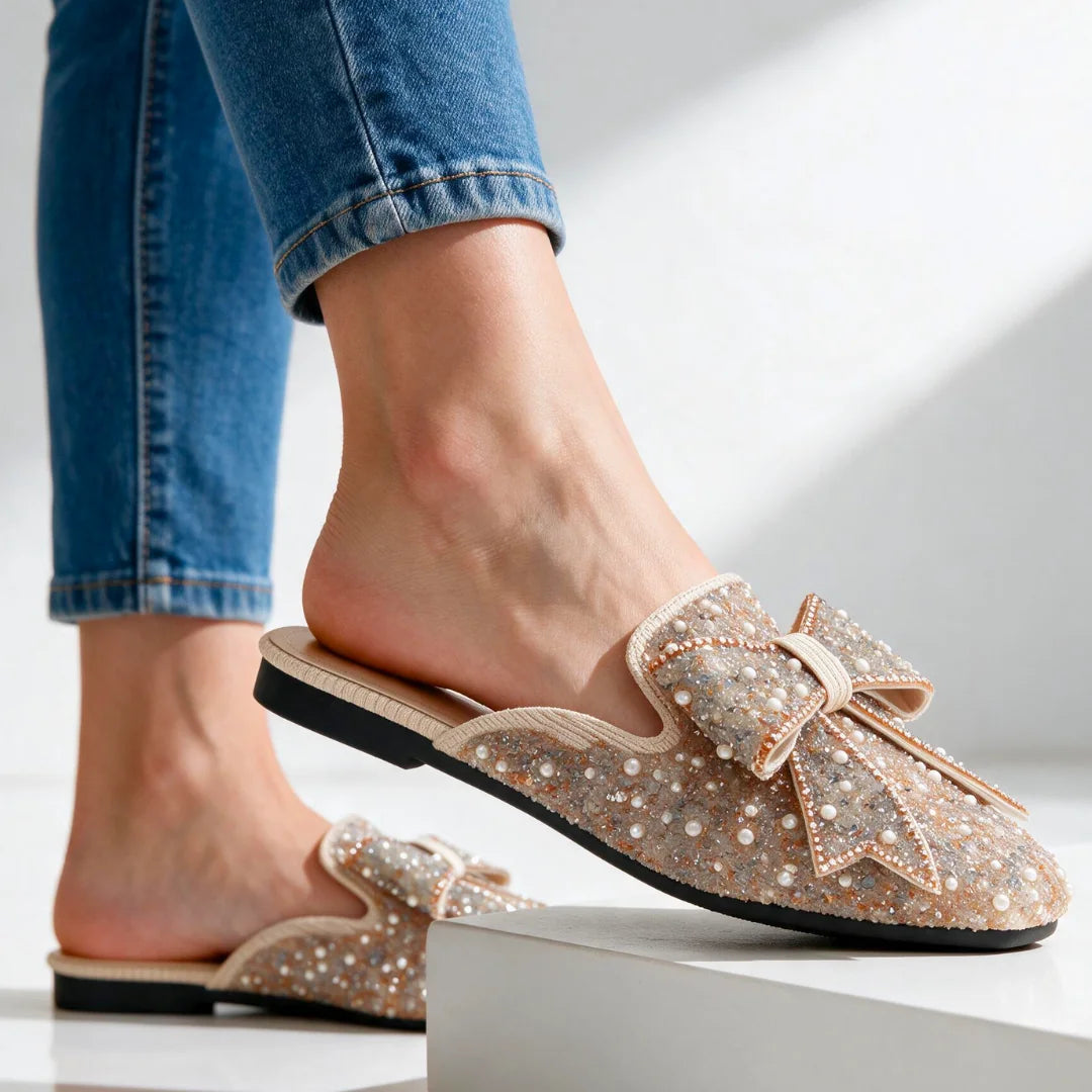Champagne Women's Bow Mules with Slip-On Design & Pointed Toe — Maddie - Front Full Worn Denim