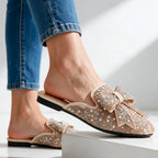 Champagne Women's Bow Mules with Slip-On Design & Pointed Toe — Maddie - Front Full Worn Denim