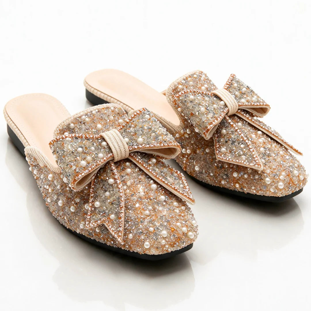 Champagne Women's Bow Mules with Slip-On Design & Pointed Toe