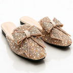 Champagne Women's Bow Mules with Slip-On Design & Pointed Toe