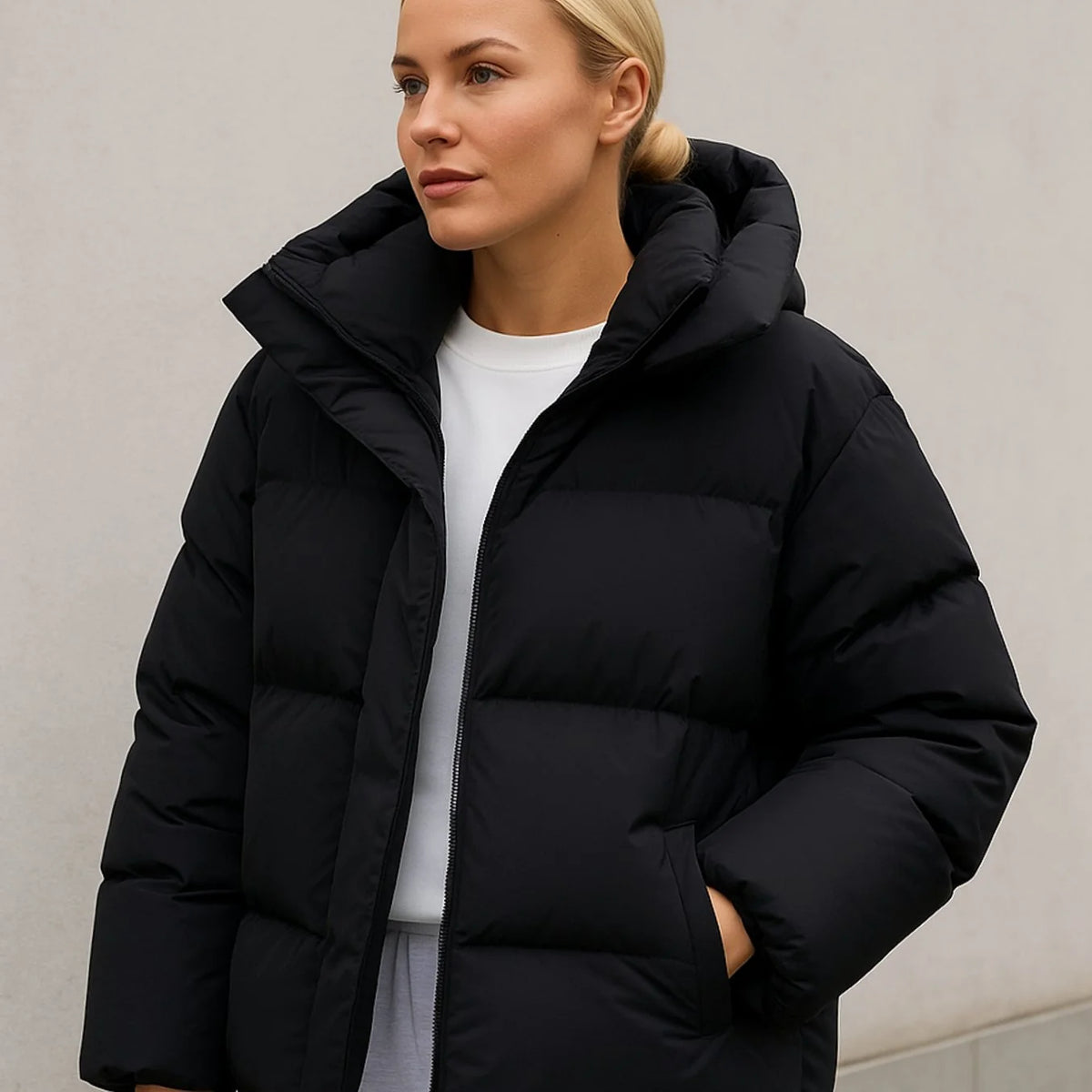 Black Women's Boxy Puffer Jacket with Detachable Hood & Side Pockets