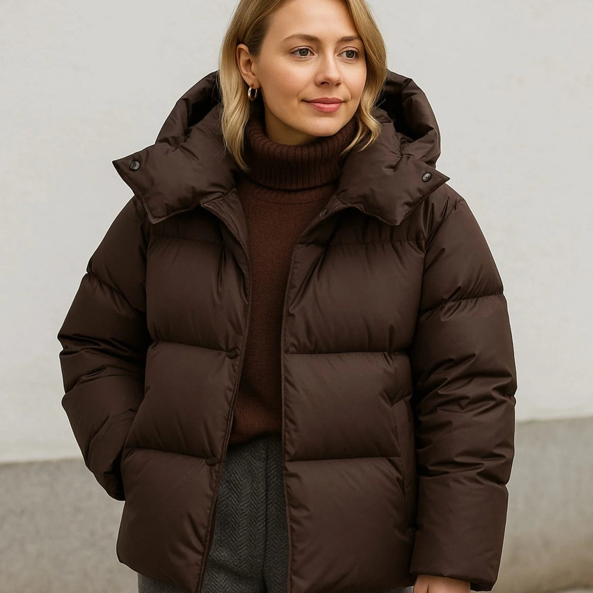 Brown Women's Boxy Puffer Jacket with Detachable Hood & Side Pockets